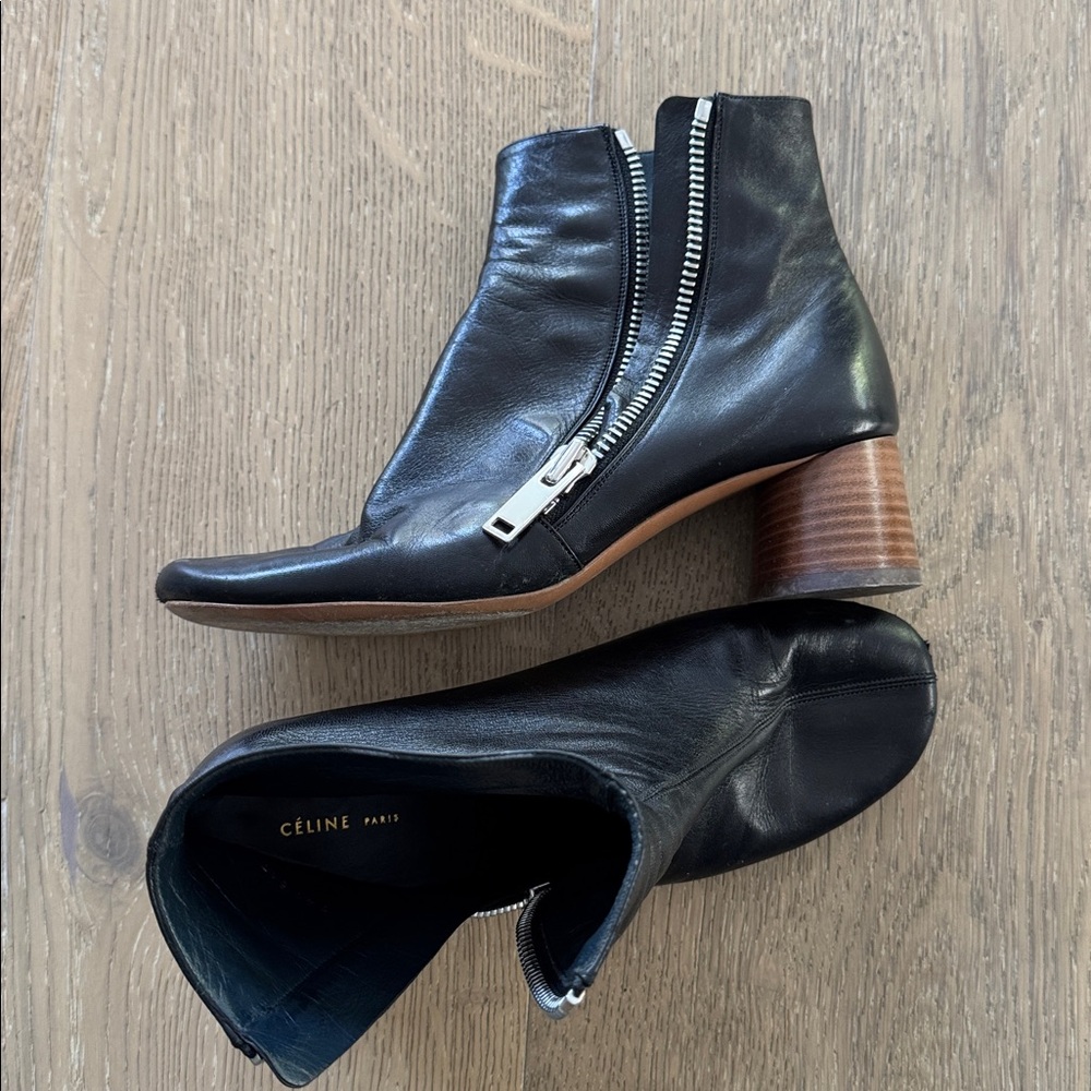 Celine Black Leather Ankle Boots with Brown Stacked Heel